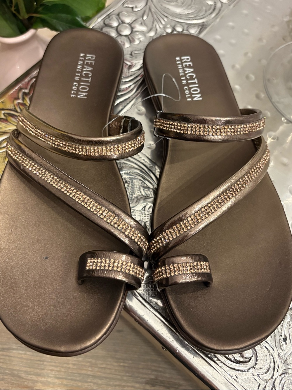 Kenneth Cole Reaction Bronze Metallic Slide Sandals with Crystal Straps